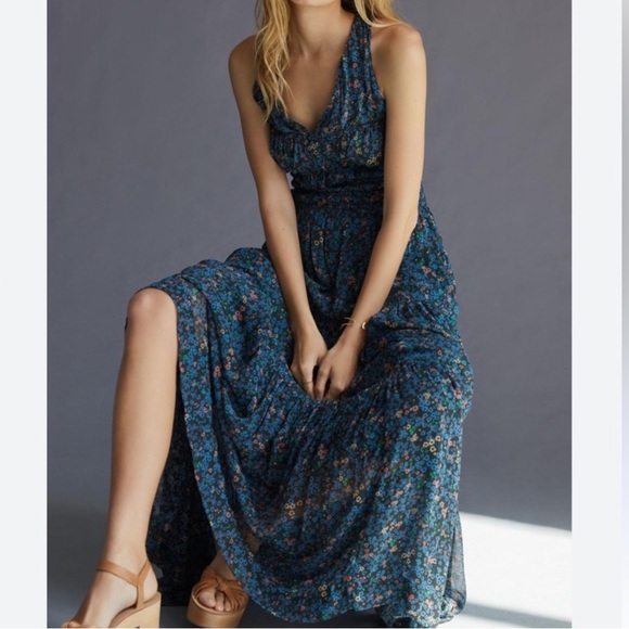 Anthropologie Blue Floral Maxi Dress - Picture 6 of 16